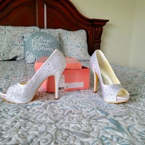 White special occasion crystal studded platform heels